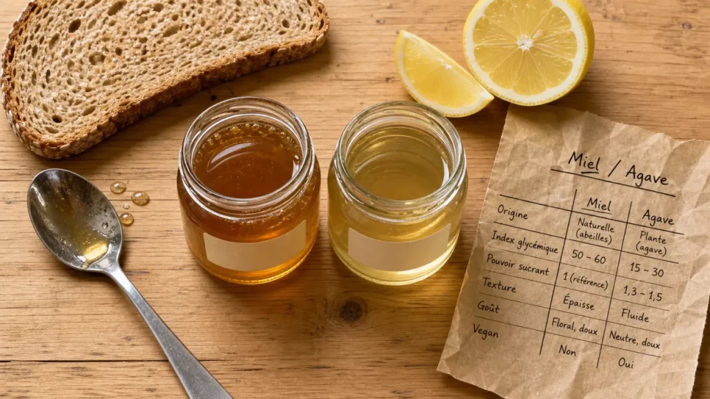 Sirop d agave ou miel : pots de miel et sirop d’agave, pour la cuisine