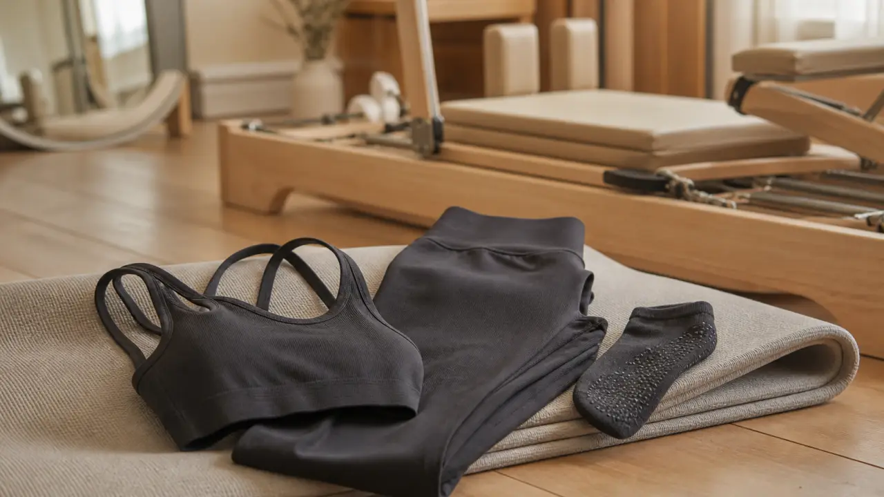 Tenue pour pilates : legging taille haute, brassière ajustée et chaussettes antidérapantes