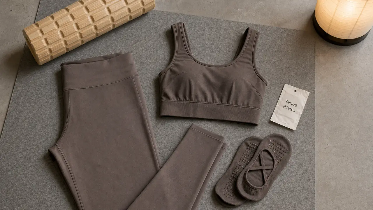 Tenue pour pilates : legging et brassière près du corps sur tapis, tissus respirants et stables