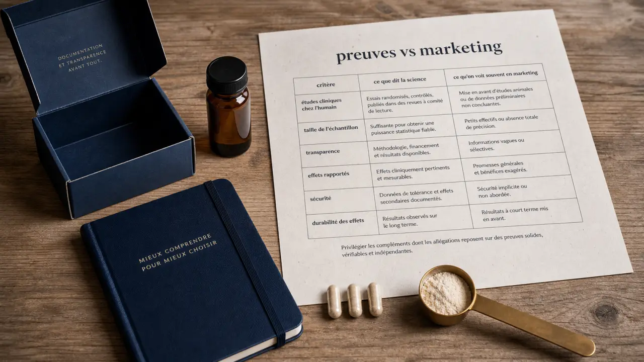 Efficacité des compléments alimentaires : preuves vs marketing, pièges marketing et usages