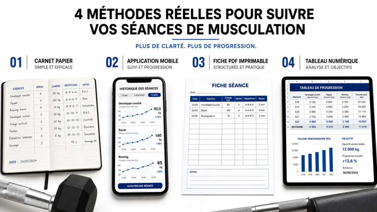 Comparatif visuel d’un carnet d entrainement musculation papier, application, PDF et tableur