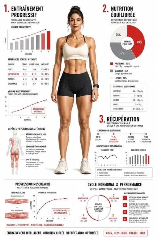Femme musclée mais pas trop : illustration éditoriale sur l’entraînement, la nutrition et la récupération
