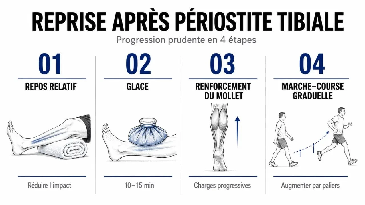 Périostite tibiale traitement naturel : étapes de reprise avec repos, glace et renforcement