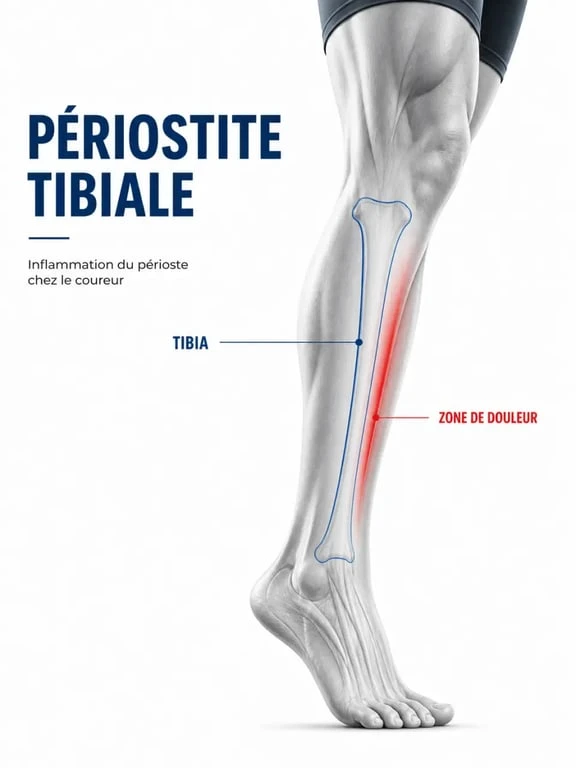 Périostite tibiale traitement naturel : schéma de la zone douloureuse sur le tibia