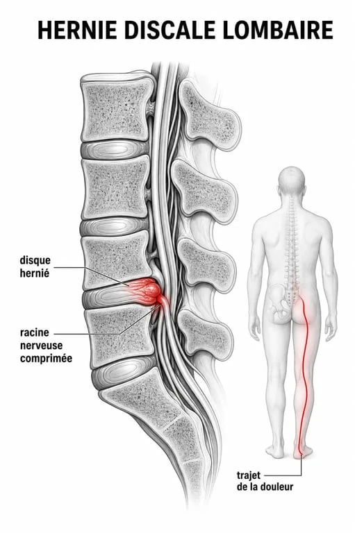 Diagnostic hernie discale : schéma d’un disque intervertébral comprimant une racine nerveuse
