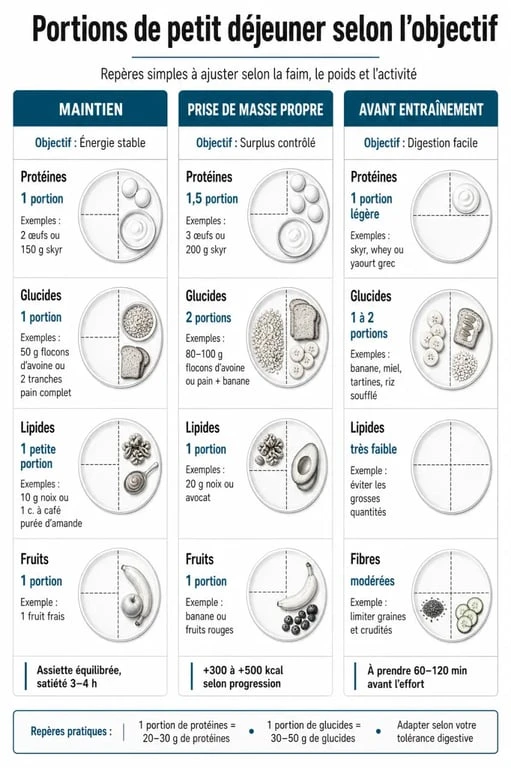Infographie comparative des portions de petit déjeuner musculation selon l'objectif