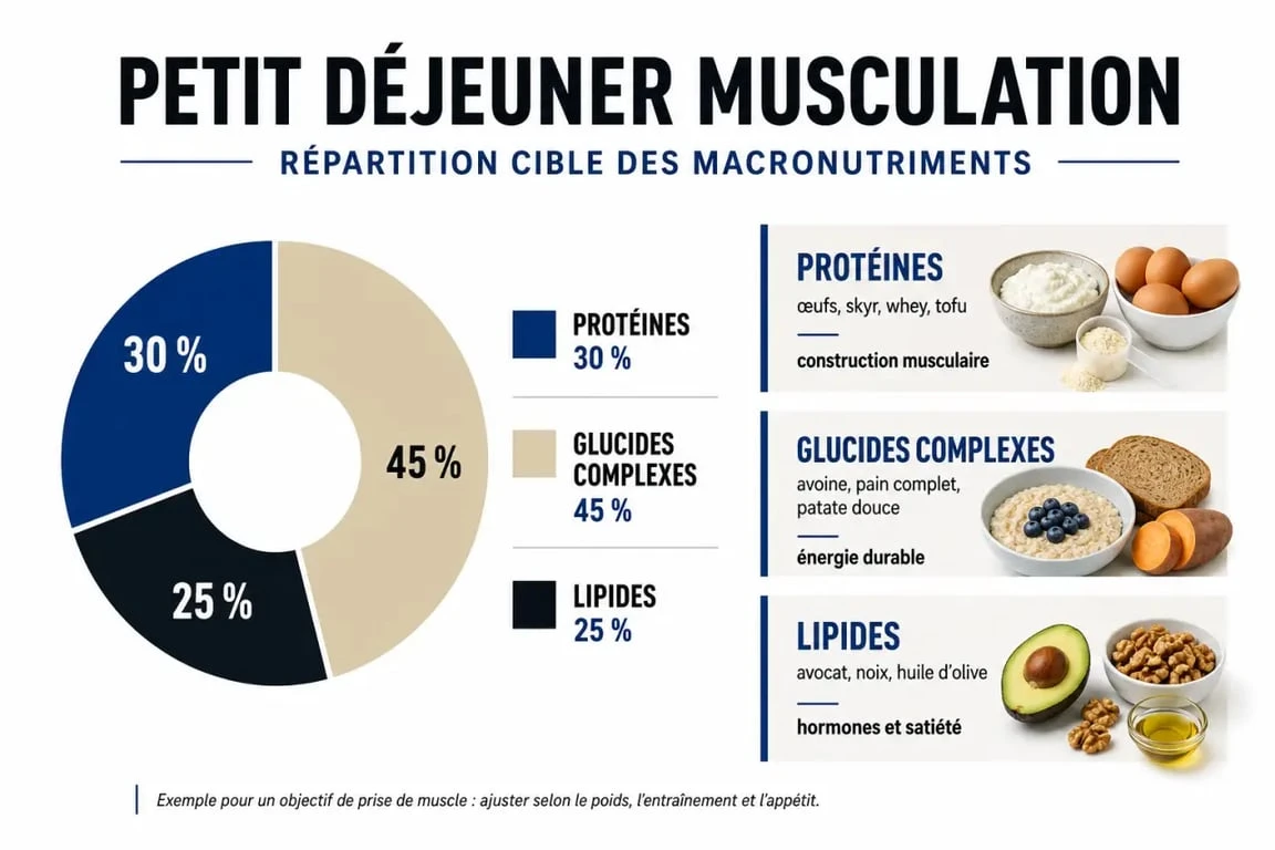Infographie sur la répartition des macronutriments pour un petit déjeuner musculation équilibré