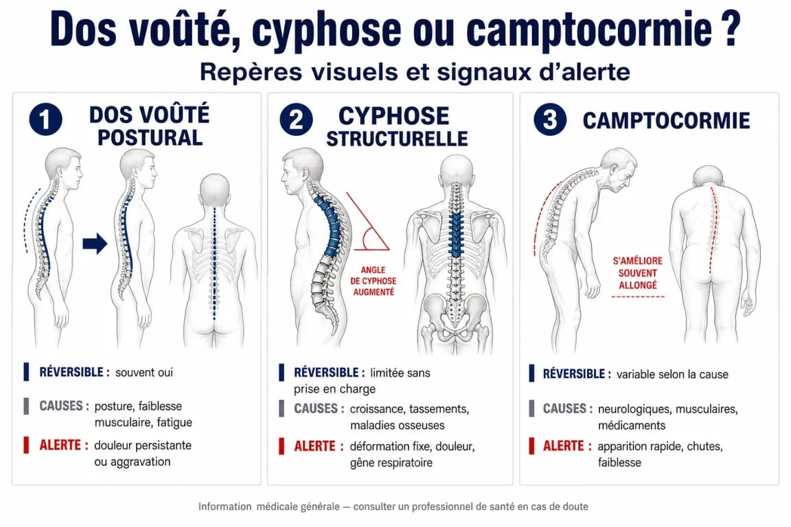 Dos courbe : visuel comparatif entre dos voûté postural, cyphose structurelle et camptocormie