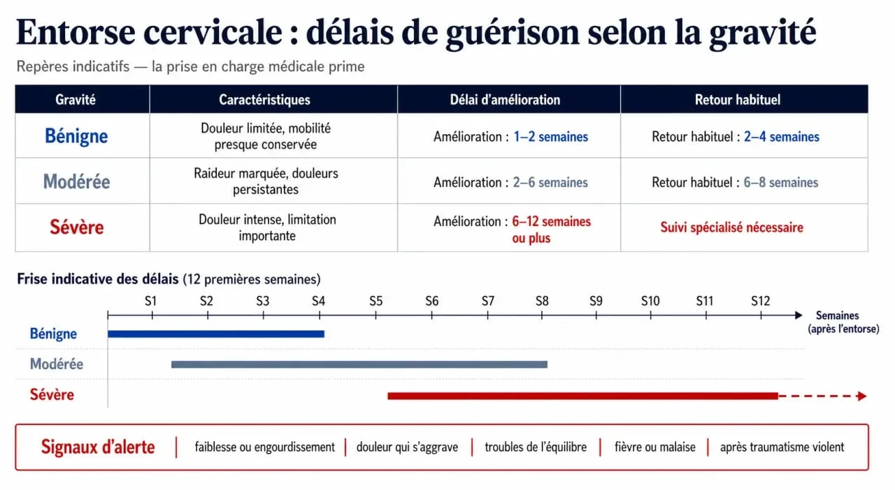 Entorse cervicale temps de guérison selon la gravité, avec frise des 12 premières semaines
