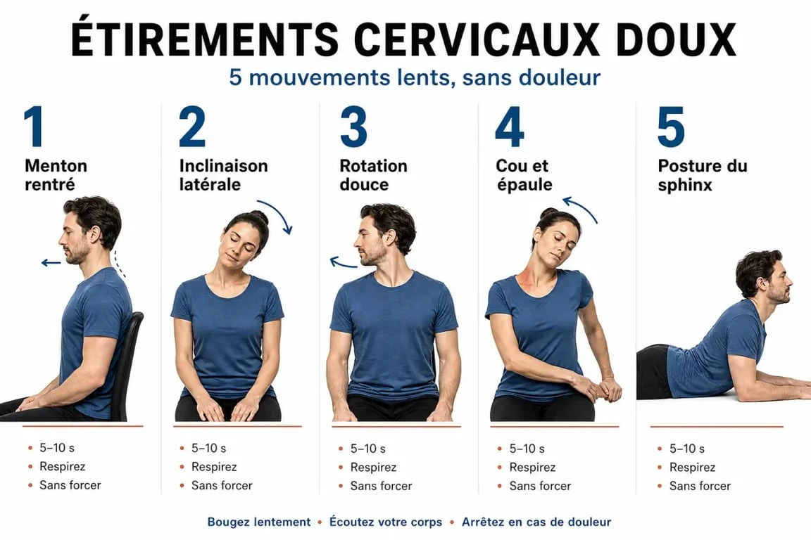 Étirements cervicales en 5 positions simples pour relâcher la nuque et les trapèzes
