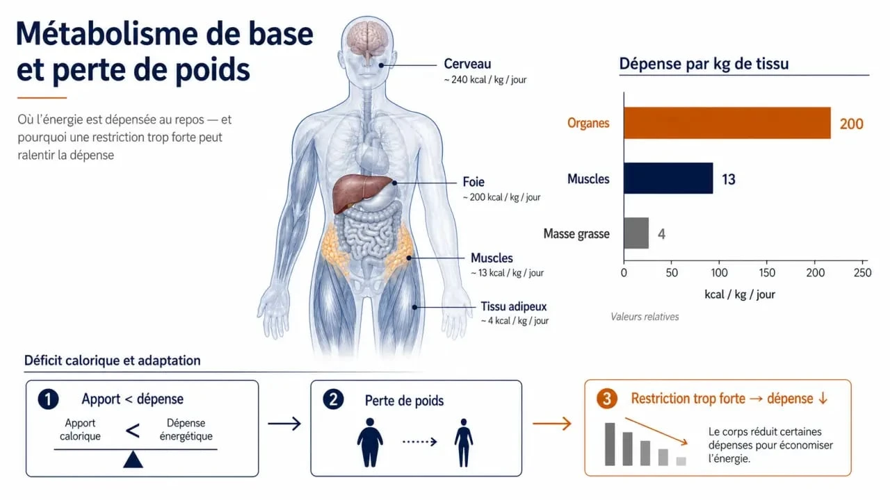 Métabolisme de base et perte de poids : infographie sur la dépense énergétique, les muscles, la masse grasse et le déficit calorique