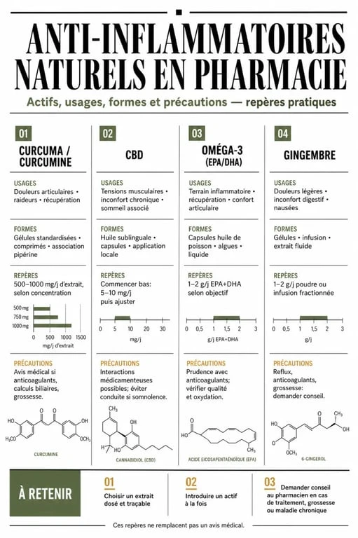 Anti-inflammatoire naturel en pharmacie : infographie comparative des actifs, formes, dosages et précautions