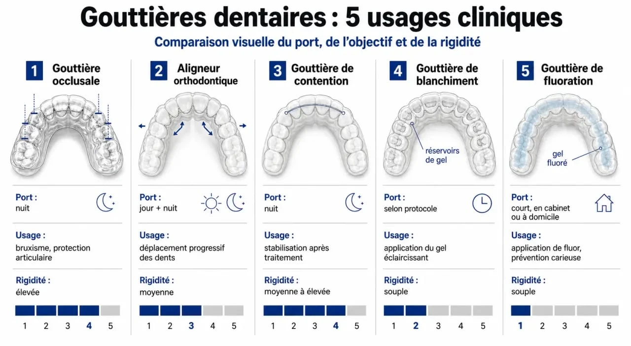 Infographie sur la gouttière bouche et les différents types de gouttières dentaires