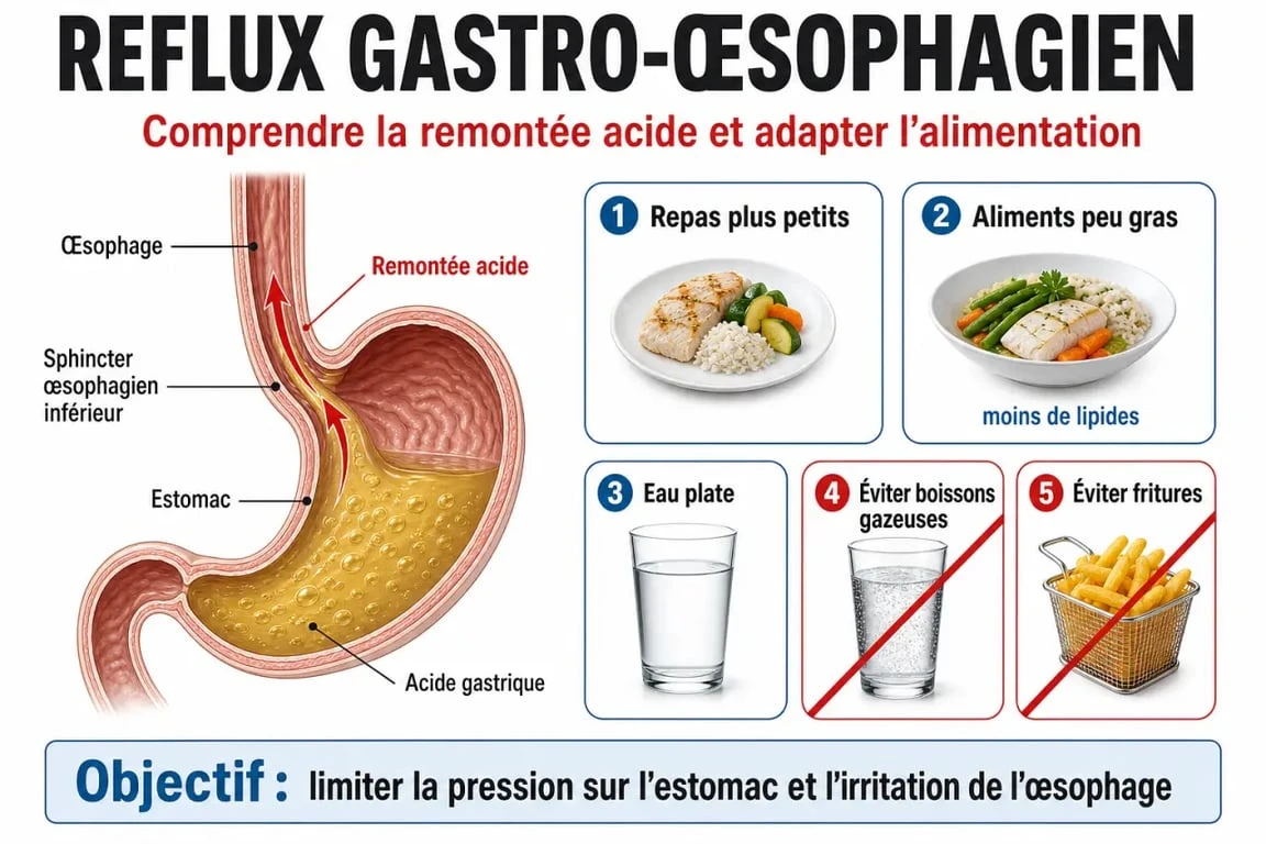 Schéma de l'alimentation anti reflux gastrique avec le sphincter œsophagien et les aliments à privilégier ou éviter
