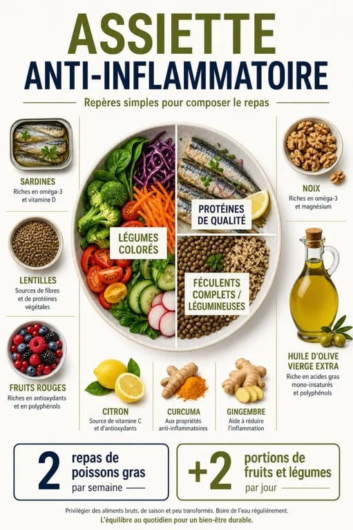 Menu anti inflammatoire : assiette en trois parties et repères clés sur les aliments à privilégier