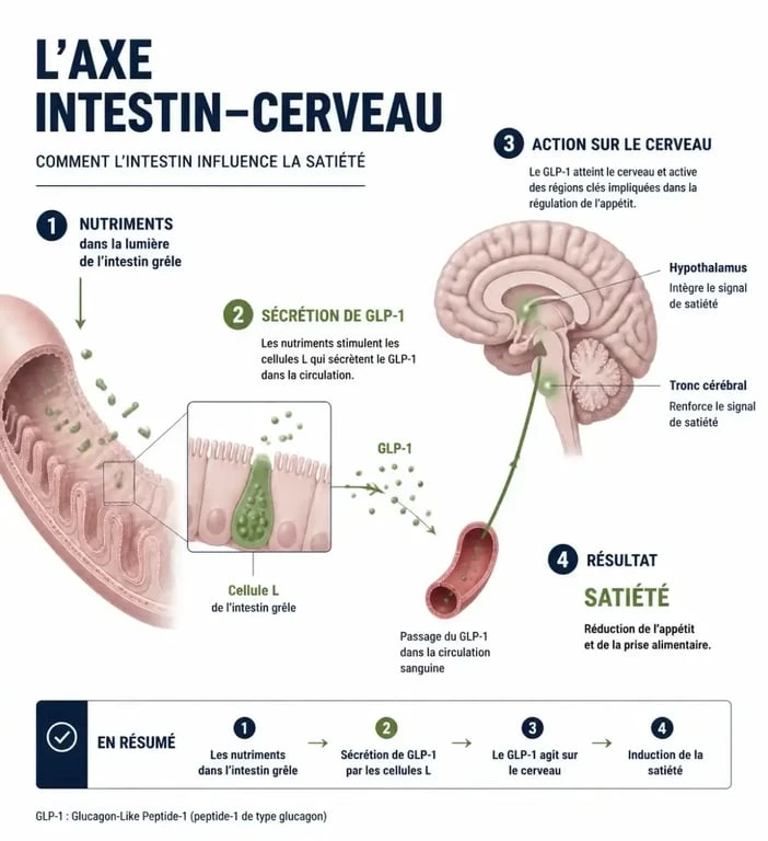 Schéma explicatif du mécanisme naturel de sécrétion du GLP-1 et de la régulation de la satiété