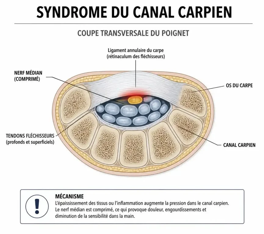 Schéma anatomique du syndrome du canal carpien et compression du nerf médian
