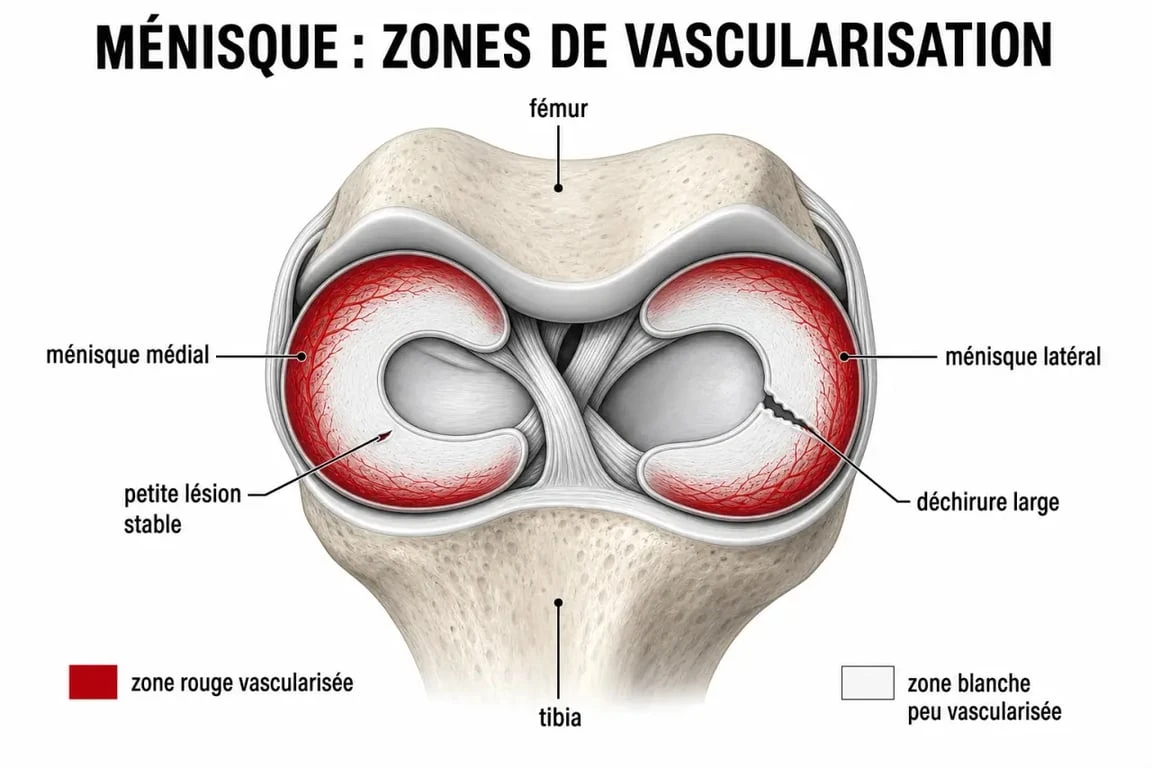 Schéma du ménisque pour soulager douleur ménisque naturellement, avec zone rouge et zone blanche