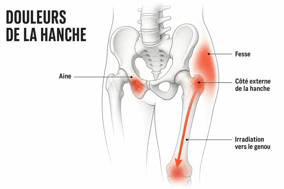 Douleur à la hanche : illustration médicale des zones douloureuses possibles