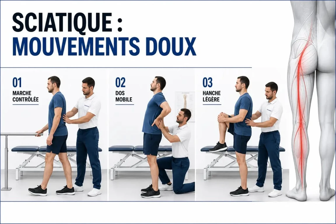 Séance de sciatique kinésithérapeute avec exercices doux guidés en cabinet