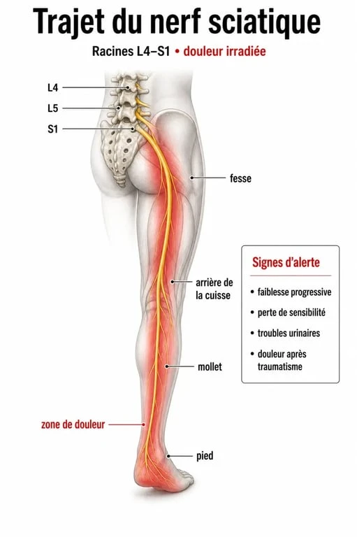 Schéma de sciatique kinésithérapeute montrant le trajet du nerf sciatique et les zones de douleur