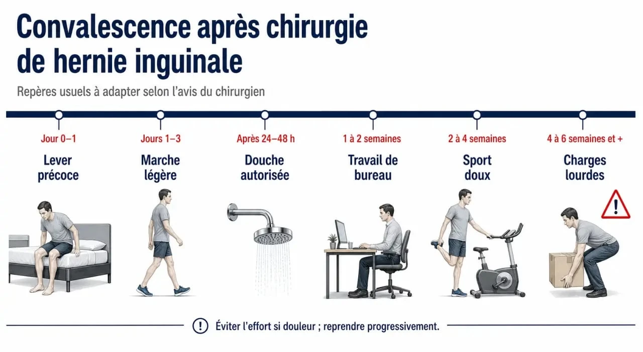 Hernie inguinale opération convalescence : frise visuelle de la reprise de la marche, de la douche, de la conduite et du sport après l’intervention