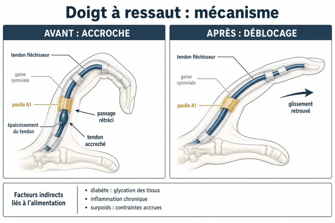 Doigt à ressaut et alimentation : schéma du tendon, de la gaine synoviale et de la poulie A1