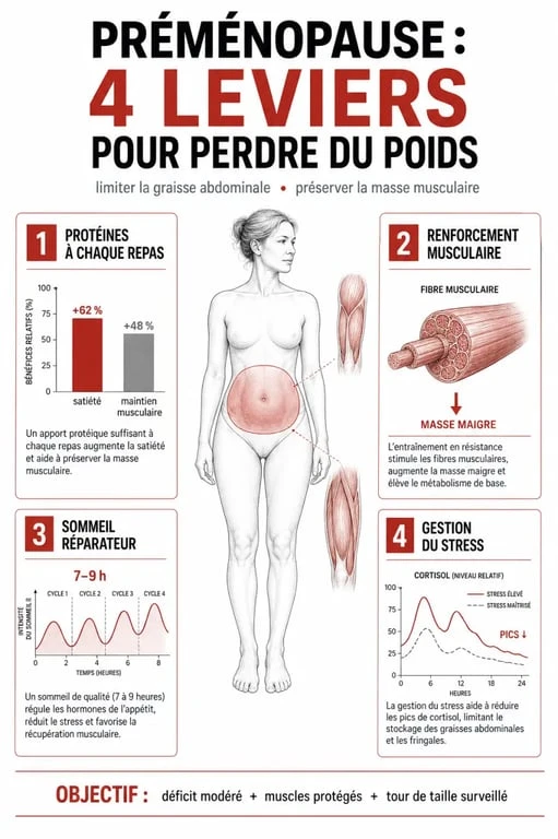 Perdre du poids en préménopause : infographie des leviers alimentation, sport, sommeil et stress