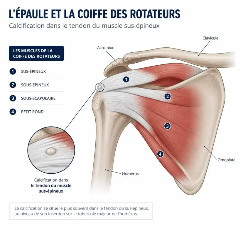 Schéma anatomique de la tendinite épaule calcifiée au niveau du tendon sus-épineux