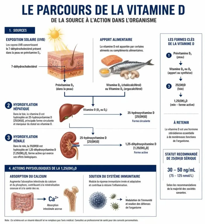 Infographie scientifique illustrant les bienfaits de la vitamine D et son métabolisme dans le corps humain