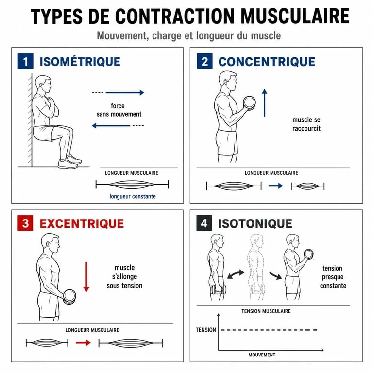 Travail isométrique : comparaison visuelle avec les contractions concentrique, excentrique et isotonique