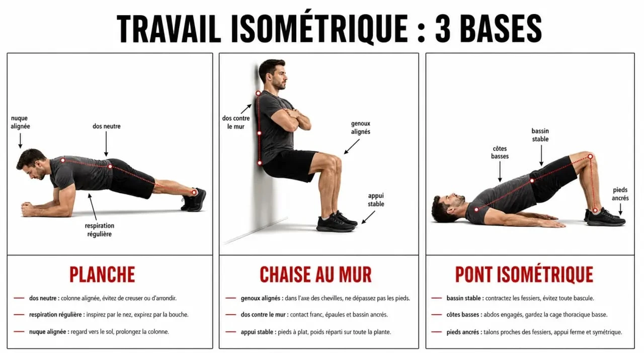 Travail isométrique : planche, wall sit et pont isométrique en positions de base