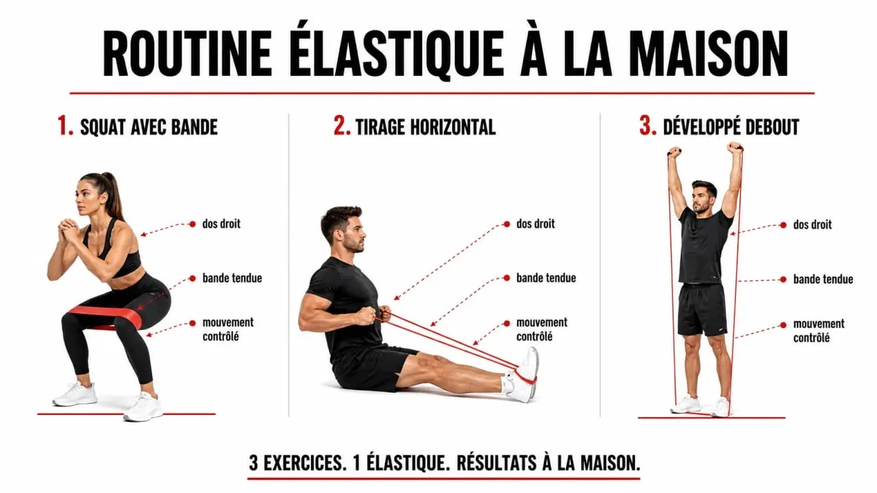 Musculation avec un elastique : routine full body à domicile avec squat, tirage et développé