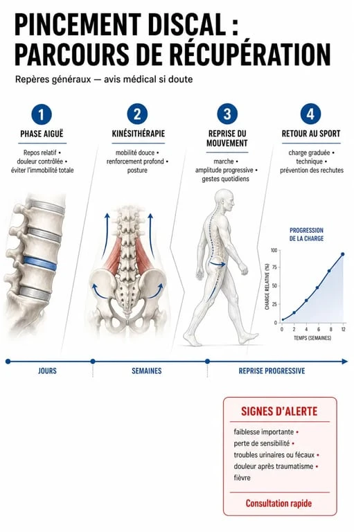 Parcours de récupération pour peut-on guérir d'un pincement discal avec repos relatif, kinésithérapie et reprise progressive