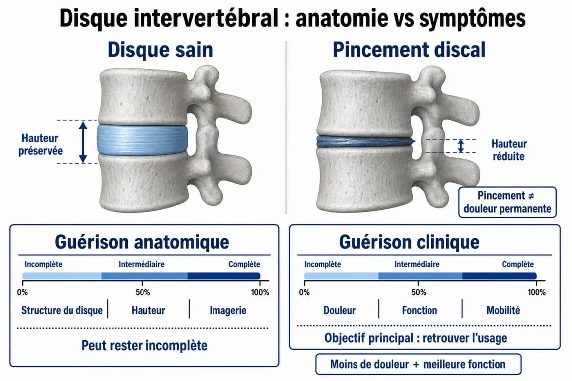 Schéma du peut-on guérir d'un pincement discal montrant la différence entre guérison anatomique et guérison clinique