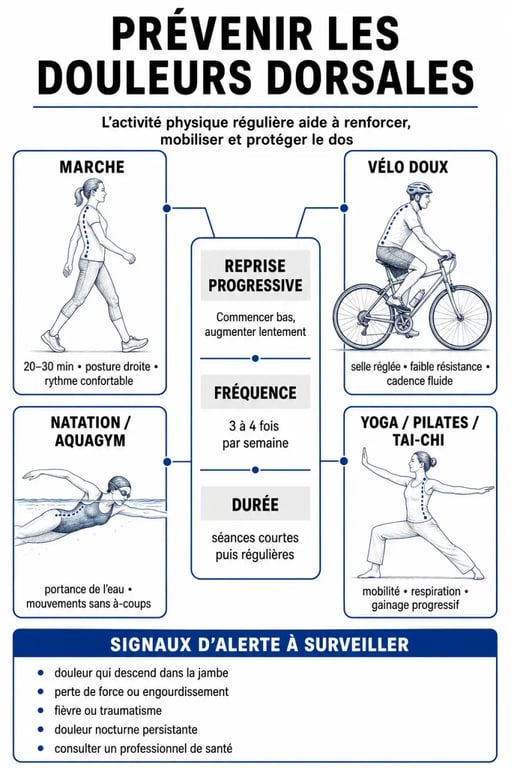 Prévenir les douleurs dorsales grâce à une activité physique régulière : infographie des activités douces, de la progression et des signaux d’alerte