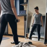 Femme musclée mais pas trop, s’entraîne avec haltères en tenue de sport