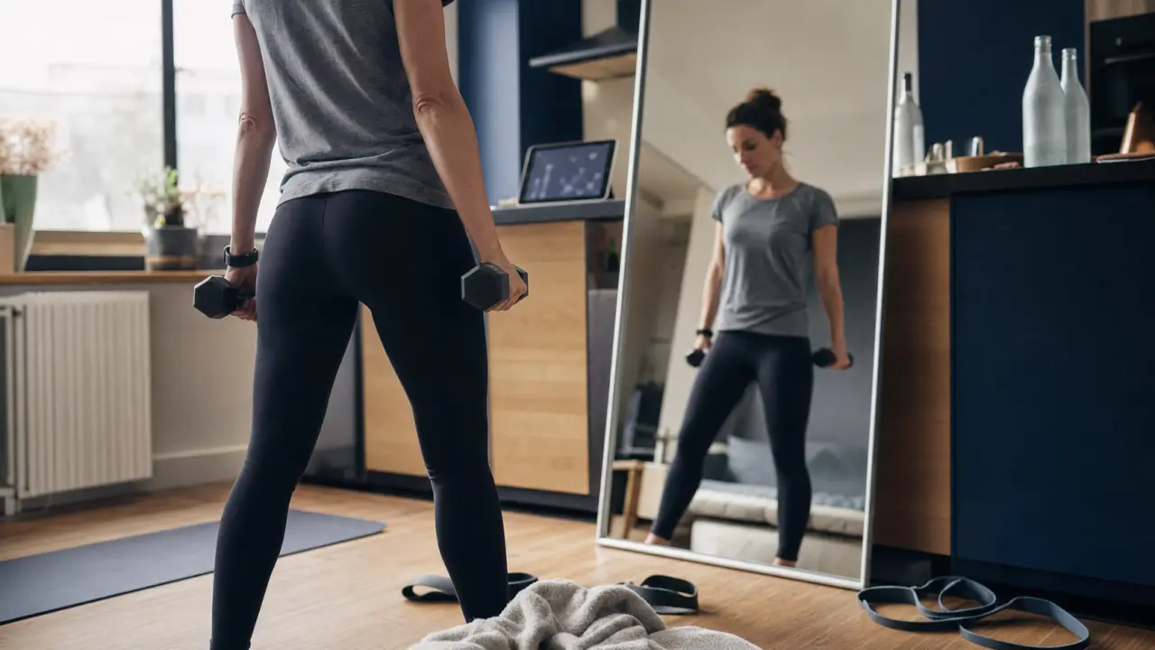 Femme musclée mais pas trop, s’entraîne avec haltères en tenue de sport