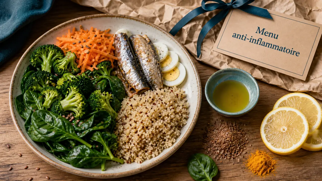 Menu anti inflammatoire : assiette poisson gras, légumes et quinoa