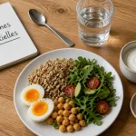Pourquoi manger des proteines : assiette œuf, quinoa et yaourt