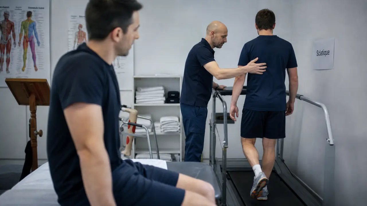 Sciatique kinésithérapeute : soulagement de la jambe en cabinet, patient guidé