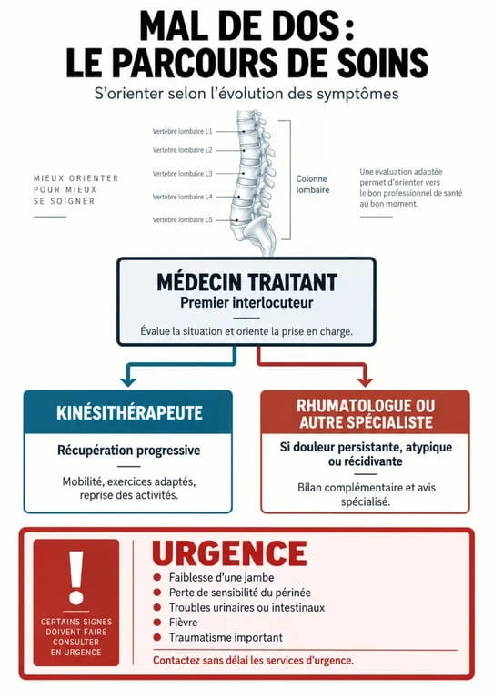Qui voir pour mal de dos : infographie du parcours de soins et des signes d’urgence