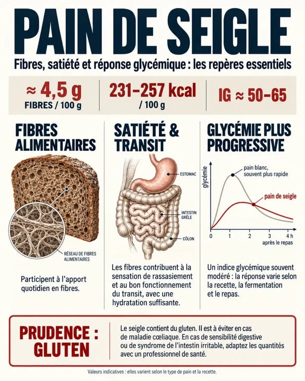 Infographie sur les bienfaits du pain de seigle, ses fibres, la satiété et la glycémie