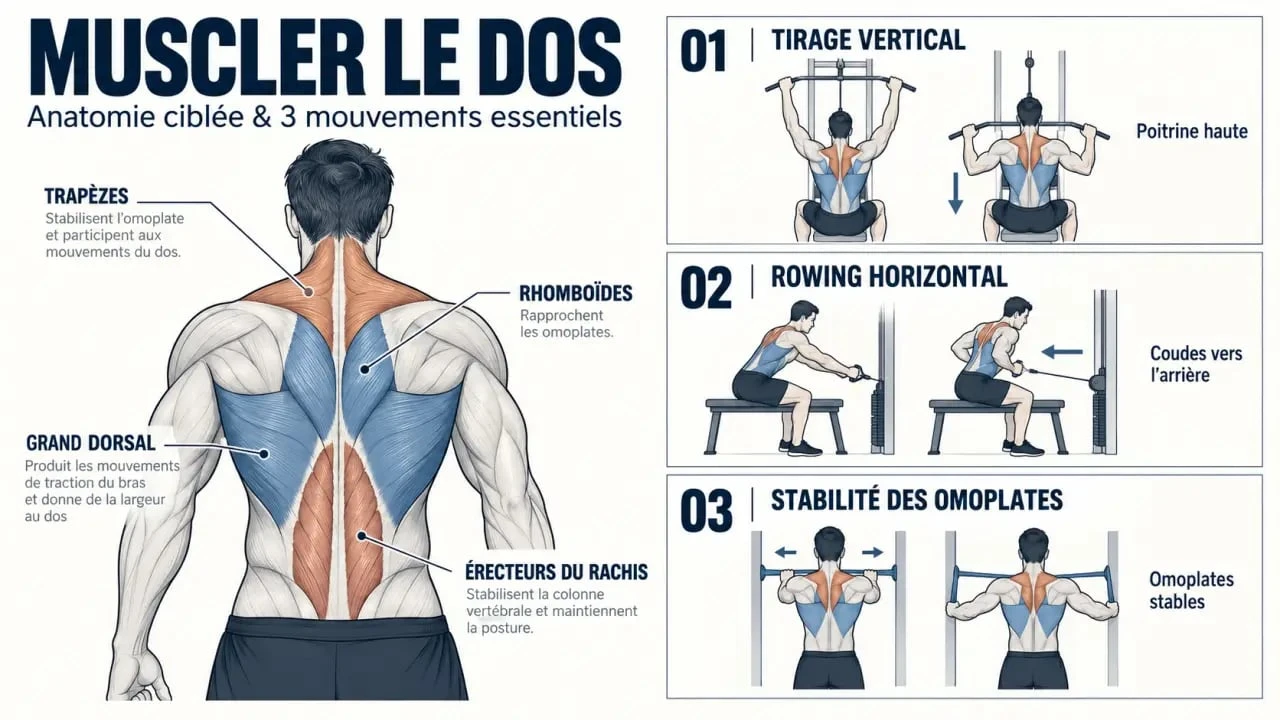 Infographie pour muscler le dos avec les principaux muscles et mouvements de tirage