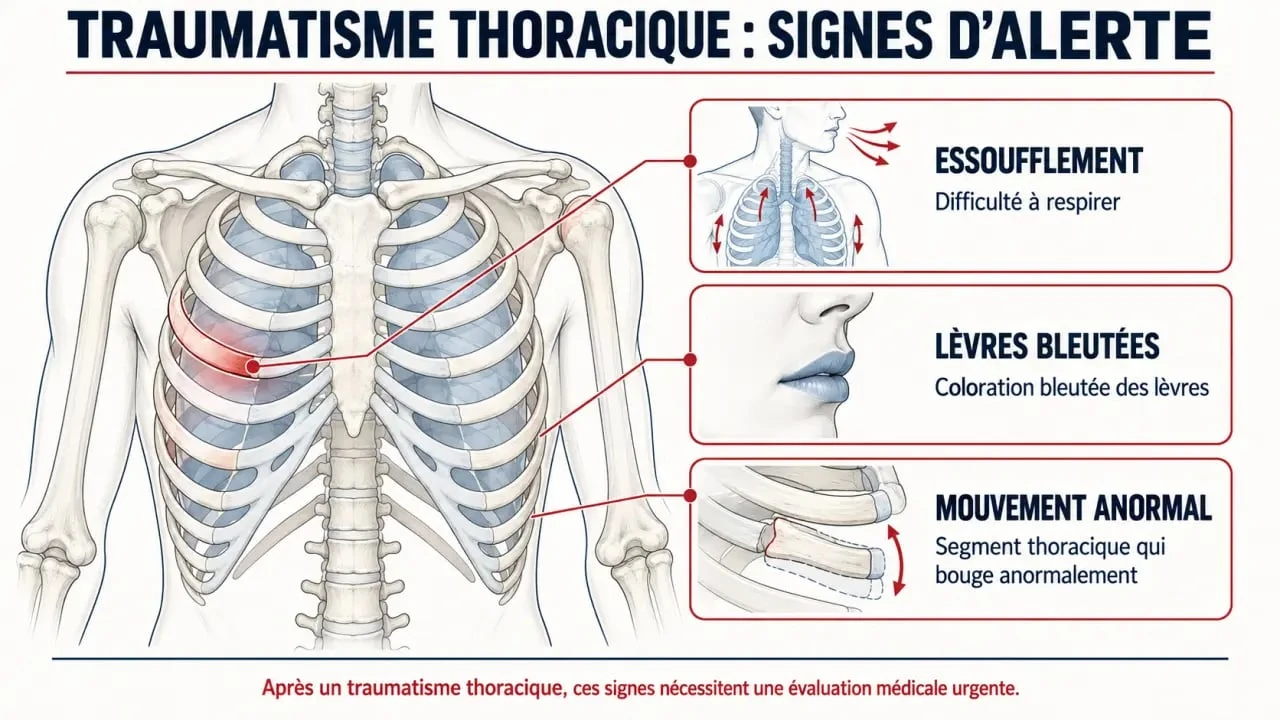 Côte cassée que faire : schéma de la cage thoracique et signes d’alerte respiratoires