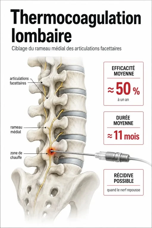 Thermocoagulation lombaire avis : schéma explicatif du bas du dos avec articulation facettaire et chiffres clés