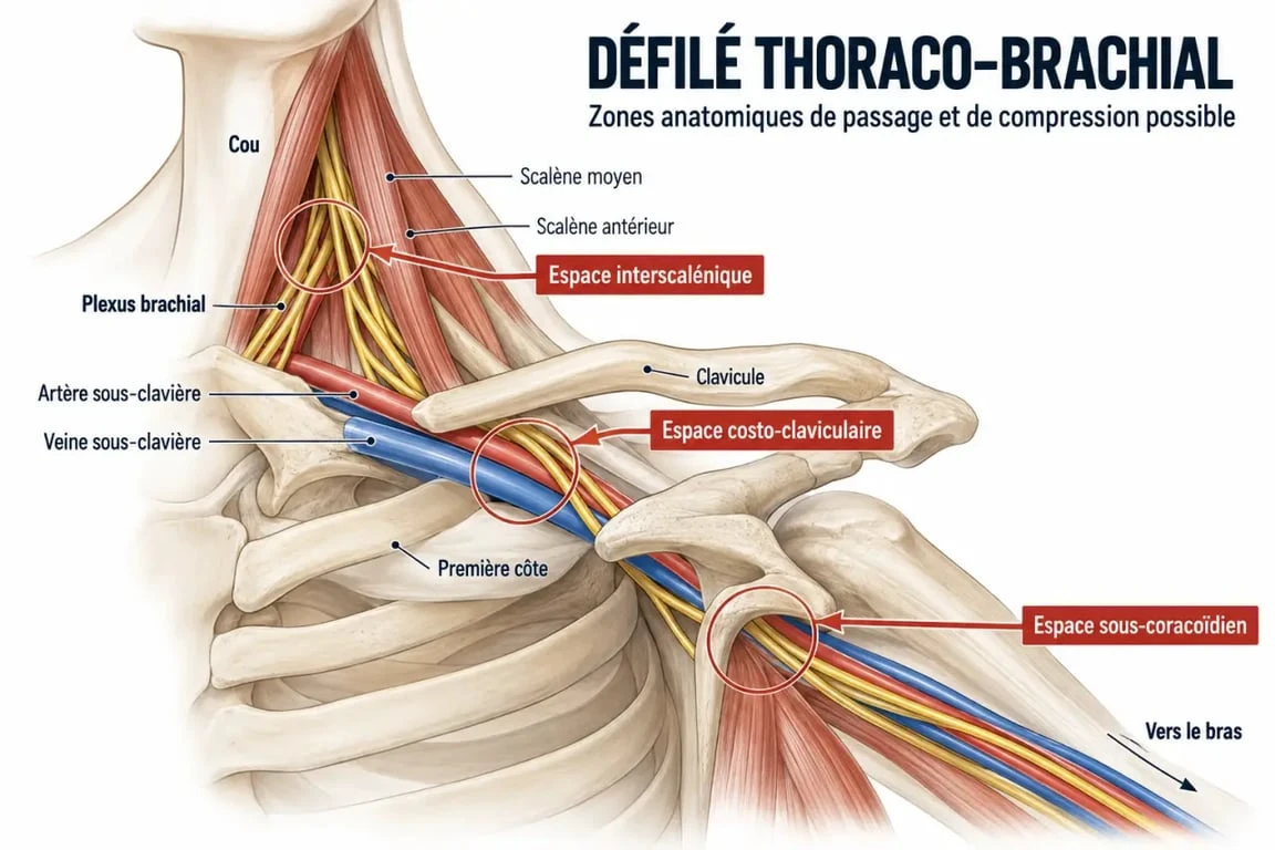 Schéma anatomique du syndrome du défilé thoraco-brachial et des zones de compression