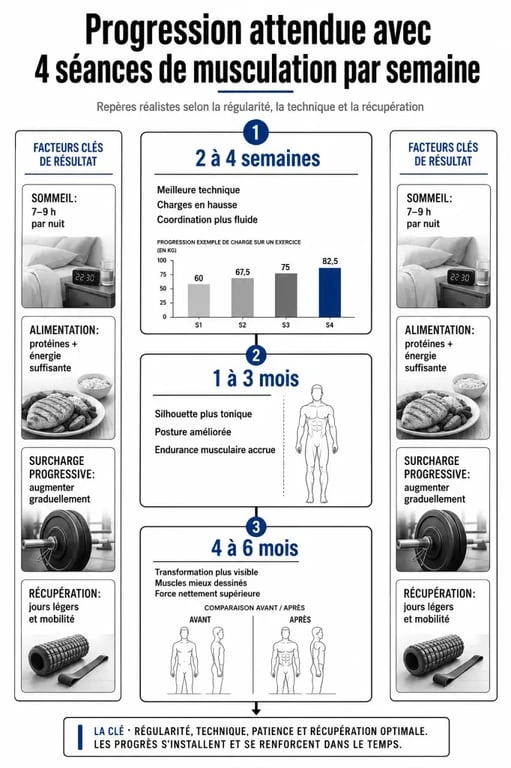 Musculation 4 fois par semaine resultat : frise des progrès visibles et des facteurs clés sur plusieurs semaines