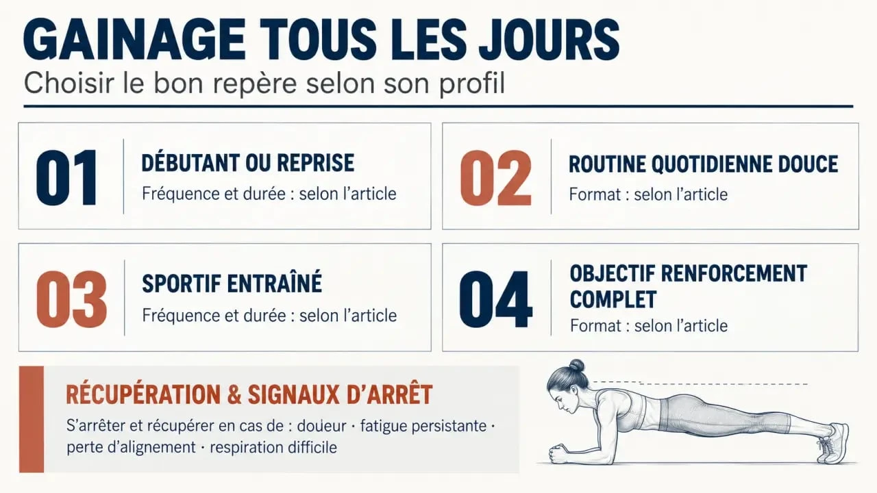 Infographie pour faire du gainage tous les jours selon son profil, sa fréquence et son niveau