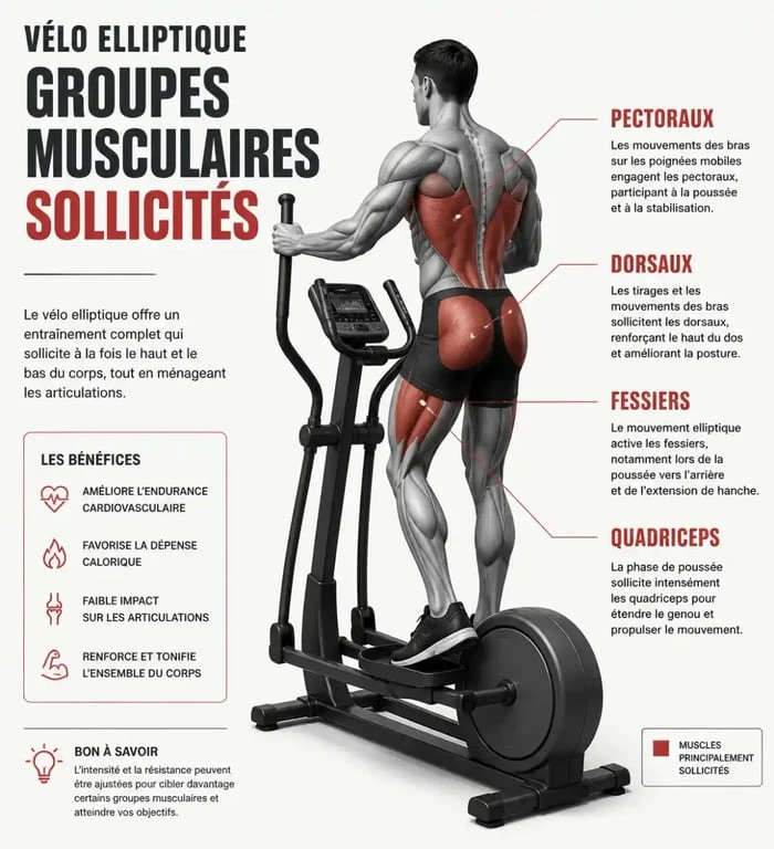 Schéma des muscles sollicités par les bienfaits du vélo elliptique
